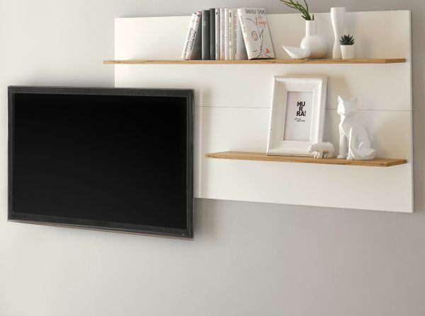 Wandregal Center in wei� und Wotan Eiche Wandpaneel f�r Homeoffice und B�ro 155 x 80 cm