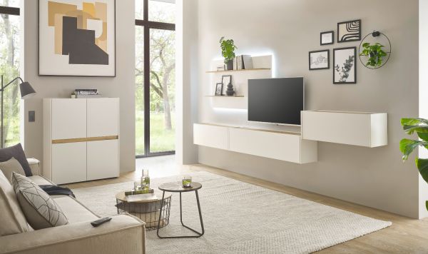 Wandregal Center in wei� und Wotan Eiche Wandpaneel f�r Homeoffice und B�ro 155 x 80 cm