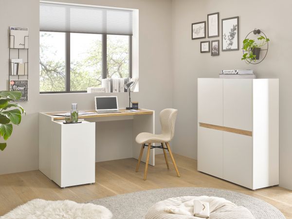 B�roschrank Highboard Center in wei� und Wotan Eiche Stauraumschrank f�r Homeoffice und B�ro 100 x 122 cm