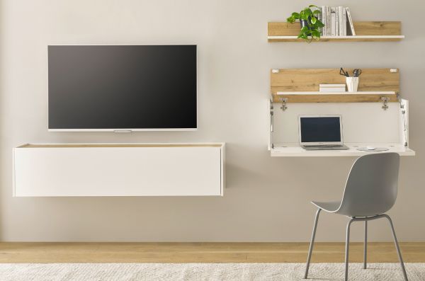 Wohnwand mit Sekret�r Center in wei� und Wotan Eiche Wohnkombination 3-teilig 270 x 170 cm