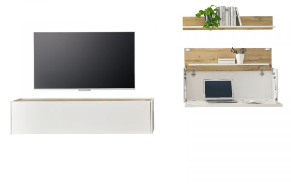 Wohnwand mit Sekret�r Center in wei� und Wotan Eiche Wohnkombination 3-teilig 270 x 170 cm