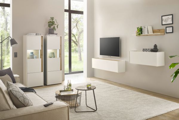 Wohnwand mit Sekret�r Center in wei� und Wotan Eiche Wohnkombination 5-teilig 410 x 170 cm