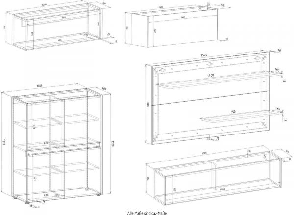 Wohnwand mit Sekret�r Center in wei� und Wotan Eiche Wohnkombination 5-teilig 470 x 180 cm