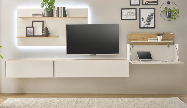 Wohnwand mit Sekret�r Center in wei� und Wotan Eiche Wohnkombination 4-teilig 350 x 180 cm