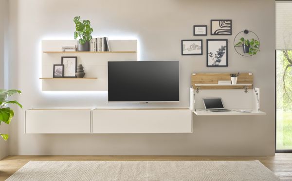 Wohnwand mit Sekret�r Center in wei� und Wotan Eiche Wohnkombination 4-teilig 350 x 180 cm