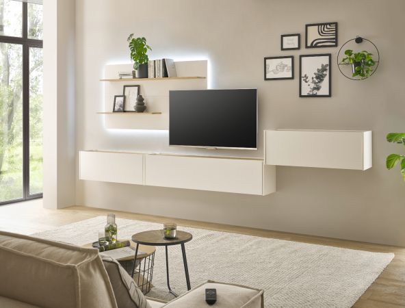 Wohnwand mit Sekret�r Center in wei� und Wotan Eiche Wohnkombination 4-teilig 350 x 180 cm