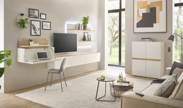 Wohnwand mit Sekret�r Center in wei� und Wotan Eiche Wohnkombination 4-teilig 350 x 180 cm