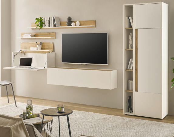 Wohnwand mit Sekret�r Center in wei� und Wotan Eiche Wohnkombination 6-teilig 340 x 200 cm