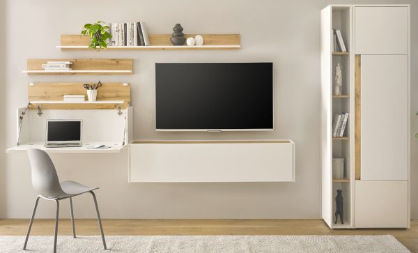 Wohnwand mit Sekret�r Center in wei� und Wotan Eiche Wohnkombination 6-teilig 340 x 200 cm