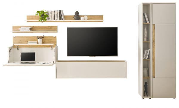 Wohnwand mit Sekret�r Center in wei� und Wotan Eiche Wohnkombination 6-teilig 340 x 200 cm