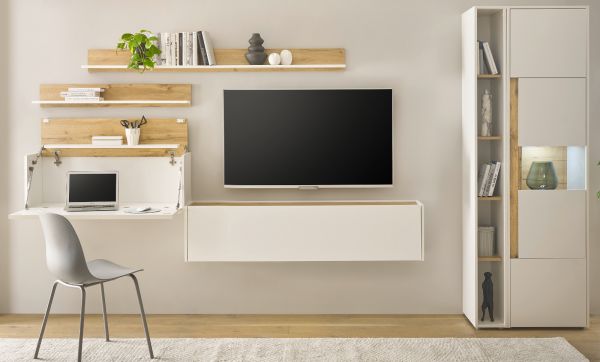 Wohnwand mit Sekret�r Center in wei� und Wotan Eiche Wohnkombination 6-teilig 340 x 200 cm