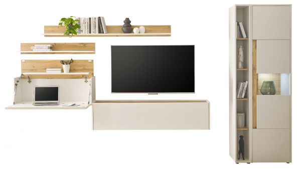 Wohnwand mit Sekret�r Center in wei� und Wotan Eiche Wohnkombination 6-teilig 340 x 200 cm