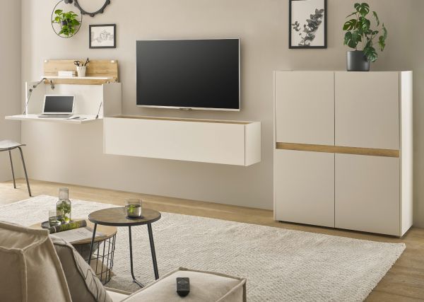 Wohnwand mit Sekret�r Center in wei� und Wotan Eiche Wohnkombination 3-teilig 370 cm