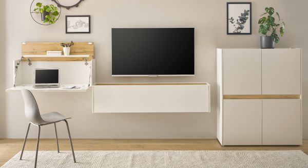 Wohnwand mit Sekret�r Center in wei� und Wotan Eiche Wohnkombination 3-teilig 370 cm