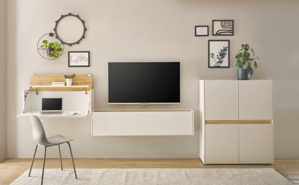 Wohnwand mit Sekret�r Center in wei� und Wotan Eiche Wohnkombination 3-teilig 370 cm