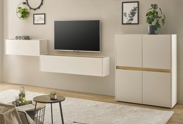 Wohnwand mit Sekret�r Center in wei� und Wotan Eiche Wohnkombination 3-teilig 370 cm
