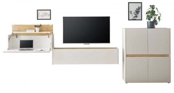 Wohnwand mit Sekret�r Center in wei� und Wotan Eiche Wohnkombination 3-teilig 370 cm