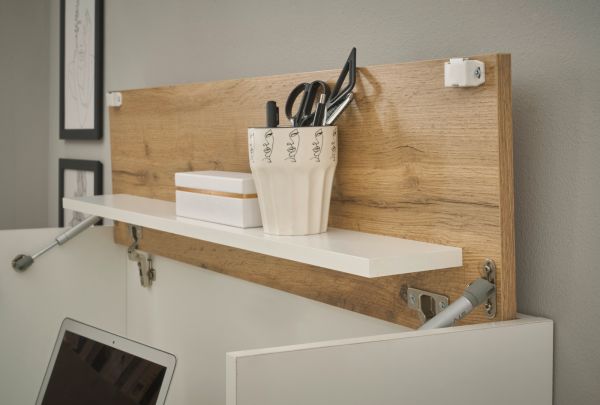 Wohnwand mit Sekret�r Center in wei� und Wotan Eiche Wohnkombination 4-teilig 320 x 170 cm