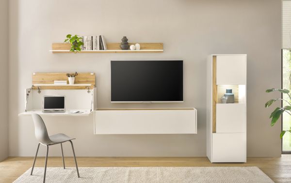 Wohnwand mit Sekret�r Center in wei� und Wotan Eiche Wohnkombination 4-teilig 320 x 170 cm
