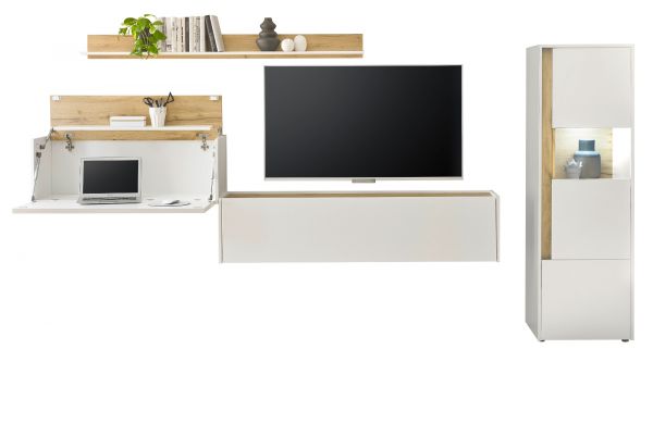 Wohnwand mit Sekret�r Center in wei� und Wotan Eiche Wohnkombination 4-teilig 320 x 170 cm