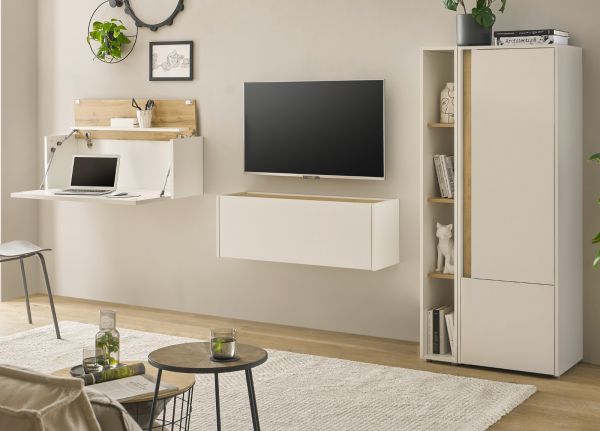 Wohnwand mit Sekret�r Center in wei� und Wotan Eiche Wohnkombination 4-teilig 310 cm
