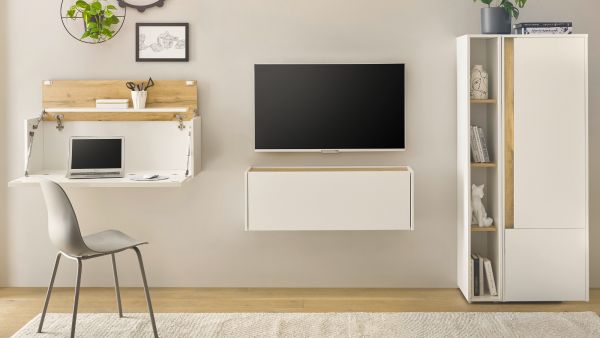 Wohnwand mit Sekret�r Center in wei� und Wotan Eiche Wohnkombination 4-teilig 310 cm