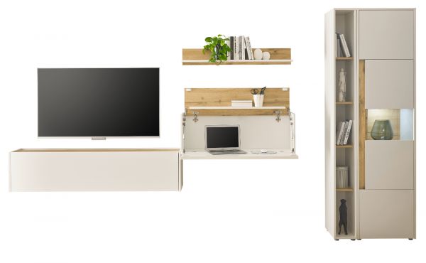 Wohnwand mit Sekret�r Center in wei� und Wotan Eiche Wohnkombination 5-teilig 340 x 200 cm