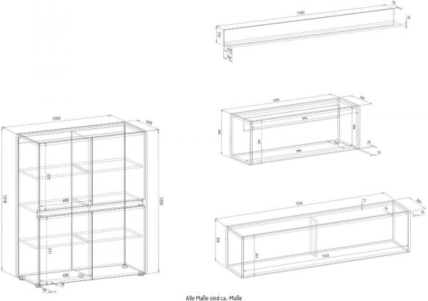 Wohnwand mit Sekret�r Center in wei� und Wotan Eiche Wohnkombination 4-teilig 370 cm