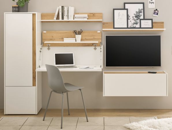 Wohnwand mit Sekret�r Center in wei� und Wotan Eiche Wohnkombination 5-teilig 250 cm