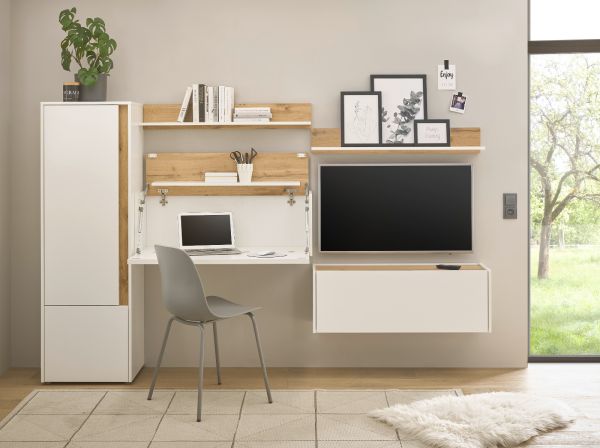 Wohnwand mit Sekret�r Center in wei� und Wotan Eiche Wohnkombination 5-teilig 250 cm