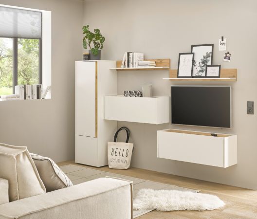 Wohnwand mit Sekret�r Center in wei� und Wotan Eiche Wohnkombination 5-teilig 250 cm