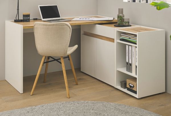 B�rom�bel Set Center in wei� und Wotan Eiche mit Schreibtisch, Kommode und Aktenregal f�r Homeoffice