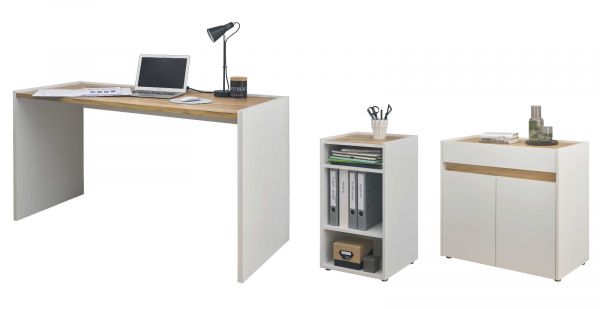 B�rom�bel Set Center in wei� und Wotan Eiche mit Schreibtisch, Kommode und Aktenregal f�r Homeoffice