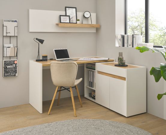 B�rom�bel Set Center in wei� und Wotan Eiche mit Schreibtisch, Kommode und 2 x Regal f�r Homeoffice