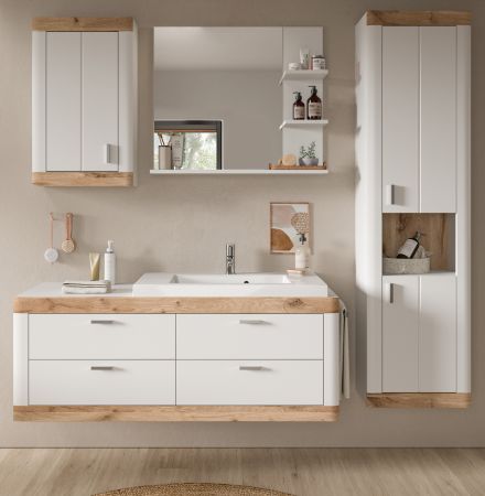 Badezimmer Hochschrank Sopela wei� und Nox Eiche Landhaus H�ngeschrank 45 x 172 cm, Soft-Close