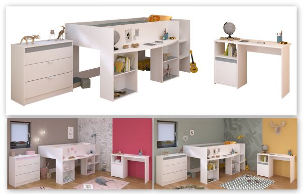 Parisot Kinder- und Jugendzimmer Pirouette15 in wei� mit grau oder rosa Komplett-Set 3-teilig