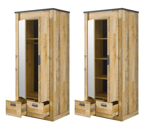 Kleiderschrank Stove in Used Wood hell und anthrazit Dreht�renschrank 2-t�rig mit Spiegel 93 x 209 cm