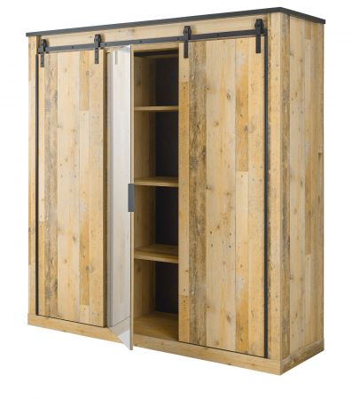 Kleiderschrank Stove in Used Wood hell und anthrazit Schiebet�rent�renschrank 3-t�rig mit Spiegel 201 x 209