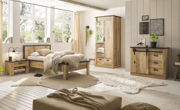 Schlafzimmer Set 2-teilig Stove in Used Wood hell und anthrazit mit Einzelbett Liegefl�che 90 x 200 cm und Nachttisch