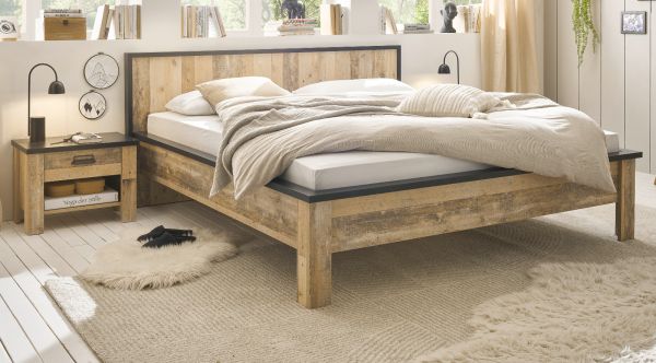 Schlafzimmer Set 3-teilig Stove in Used Wood hell und anthrazit mit Doppelbett Liegefl�che 180 x 200 cm und 2 x Nachttisch