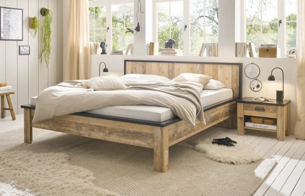 Schlafzimmer Set 3-teilig Stove in Used Wood hell und anthrazit mit Doppelbett Liegefl�che 180 x 200 cm und 2 x Nachttisch