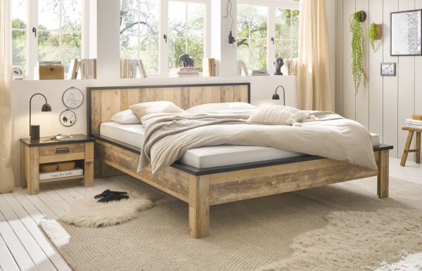 Schlafzimmer Set 3-teilig Stove in Used Wood hell und anthrazit mit Doppelbett Liegefl�che 180 x 200 cm und 2 x Nachttisch