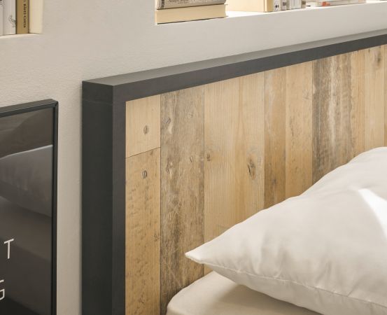 Schlafzimmer Set 3-teilig Stove in Used Wood hell und anthrazit mit Einzelbett 90 x 200 cm, Kleiderschrank und Nachttisch