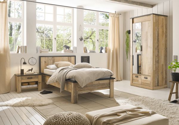 Schlafzimmer Set 3-teilig Stove in Used Wood hell und anthrazit mit Einzelbett 90 x 200 cm, Kleiderschrank und Nachttisch