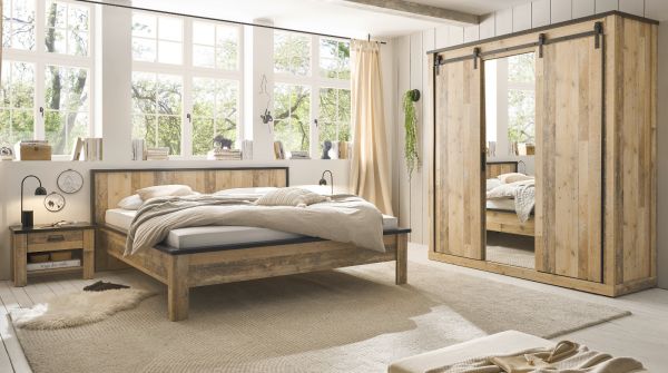 Schlafzimmer Set 4-teilig Stove in Used Wood hell und anthrazit mit Doppelbett 180 x 200 cm, Kleiderschrank und 2 x Nachttisch