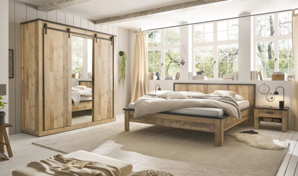 Schlafzimmer Set 4-teilig Stove in Used Wood hell und anthrazit mit Doppelbett 180 x 200 cm, Kleiderschrank und 2 x Nachttisch