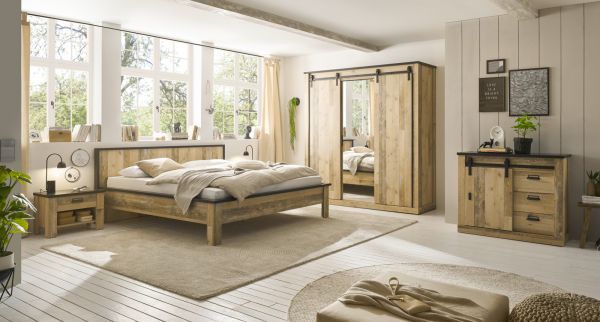 Schlafzimmer Set 5-teilig Stove in Used Wood hell und anthrazit mit Bett, Kleiderschrank, 2 x Nachttisch und Kommode