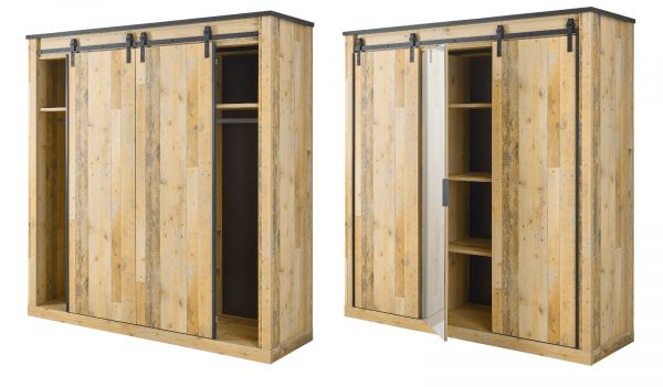 Schlafzimmer Set 7-teilig Stove in Used Wood hell und anthrazit mit Bett, Kleiderschrank, 2 x Nachttisch, 2 x Wandpaneel und Kommode