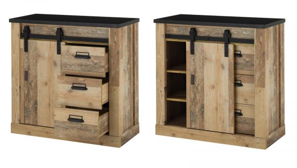 Schlafzimmer Set 7-teilig Stove in Used Wood hell und anthrazit mit Bett, Kleiderschrank, 2 x Nachttisch, 2 x Wandpaneel und Kommode