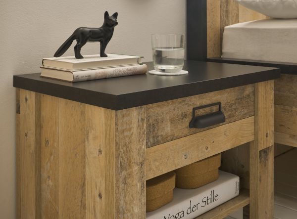 Schlafzimmer Set 8-teilig Stove in Used Wood hell und anthrazit mit Bett, Kleiderschrank, Wandboard, Sideboard, 2 x Wandpaneel und 2 x Nachttisch